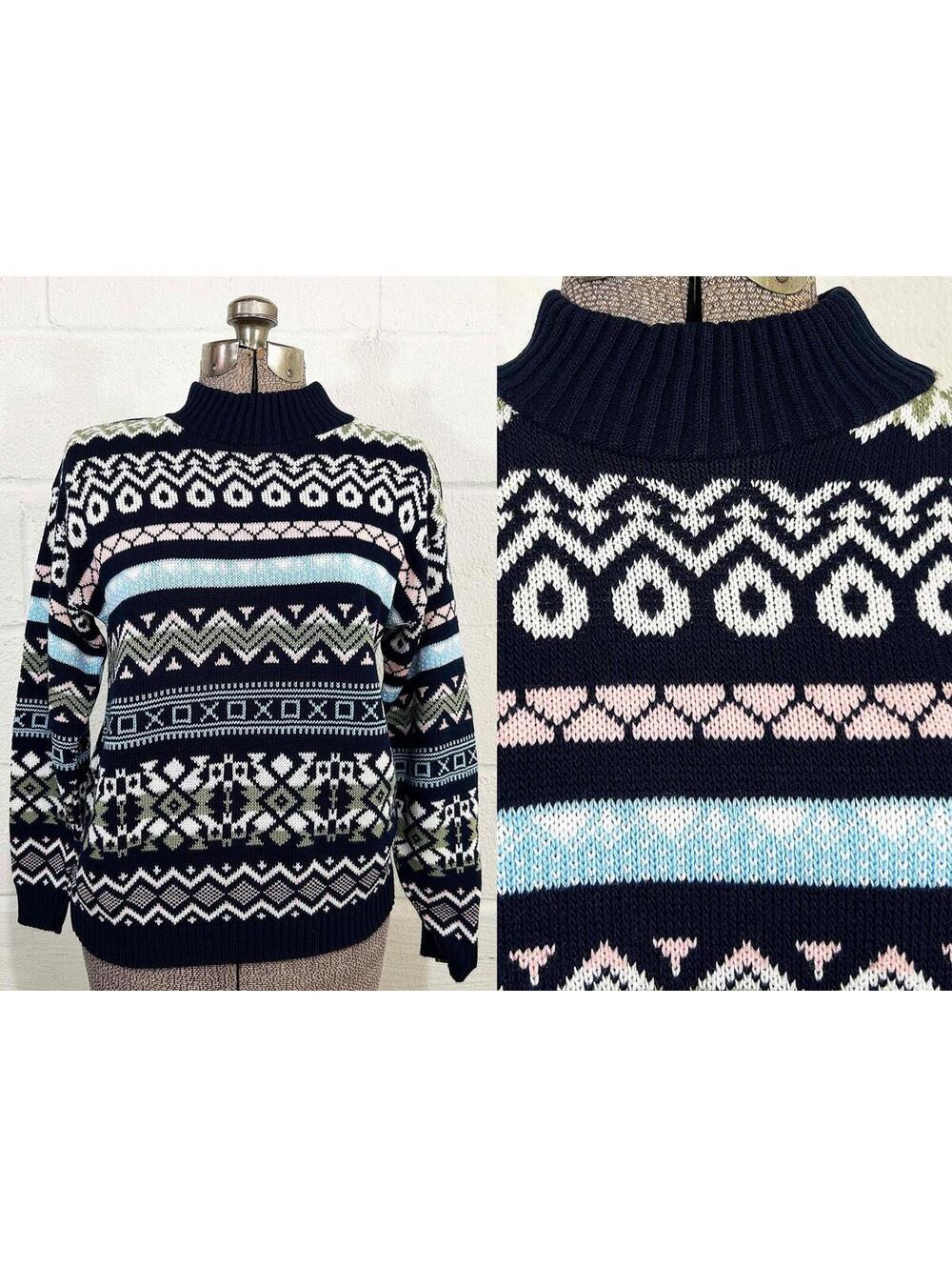 Vintage Helium Sweater Navy Knit Geometric Snowflake Fair Isle Ski 1990s Medium